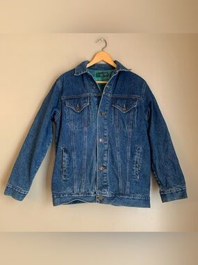 Vtg Hunt Club Jean jacket Blue Green Plaid Lined Denim Coat Mens Medium Trucker